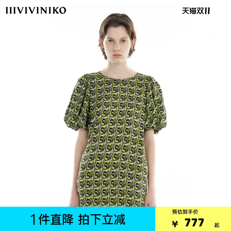 IIIVIVINIKO2024秋新款复古桑蚕丝泡泡袖直筒连衣裙女R430630129A