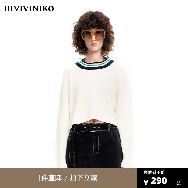 【早春新品】IIIVIVINIKO薇薏蔻彩色条纹圆领毛衣短款长袖针织衫图片