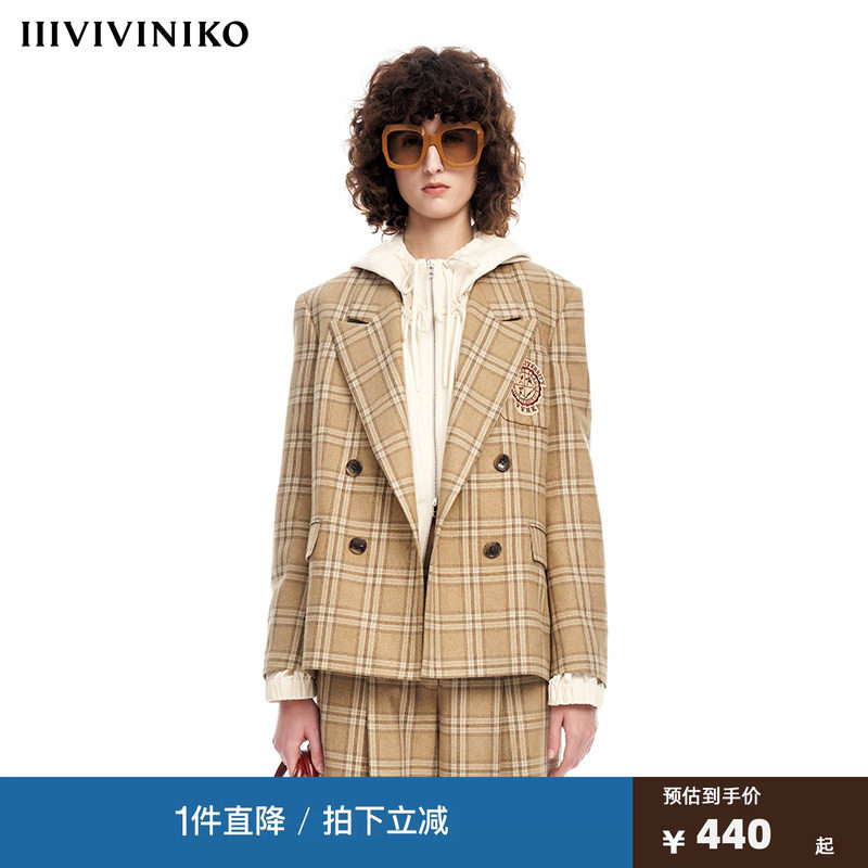 【早春新品】IIIVIVINIKO薇薏蔻英伦学院风格纹西装粗花呢外套