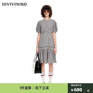 IIIVIVINIKO薇薏蔻圆领泡泡袖 压褶收腰小格纹连衣裙 早春新品
