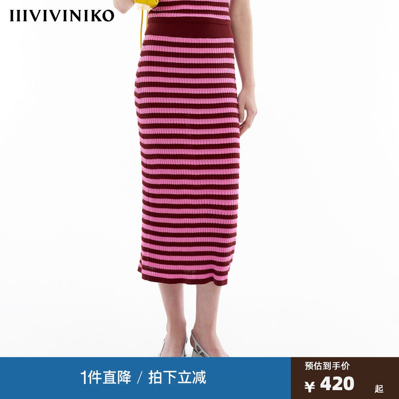 【丝光棉】IIIVIVINIKO春季新款多巴胺条纹微A型针织半身长裙女