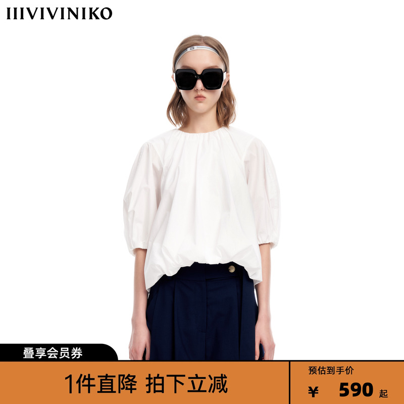 IIIVIVINIKO2023夏新品5分袖叠褶圆领衬衫女M320429161D