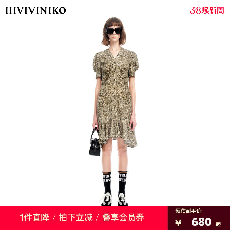 IIIVIVINIKO2023夏新品V领修身碎花连身裙女M320612138E