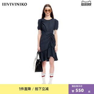 【早春新品】IIIVIVINIKO薇薏蔻气质小格纹不规则抽褶鱼尾连衣裙