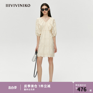 直身连衣裙女M120691117E IIIVIVINIKO春夏新品 V领绣花连袖