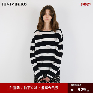 IIIVIVINIKO2025夏季新款五角星提花条纹T恤