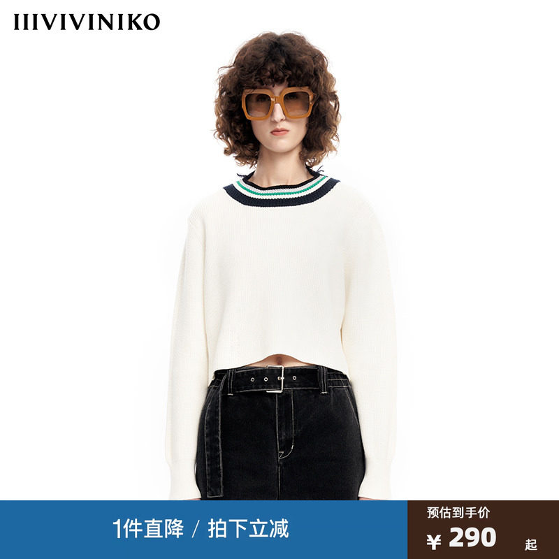 【早春新品】IIIVIVINIKO薇薏蔻彩色条纹圆领毛衣短款长袖针织衫