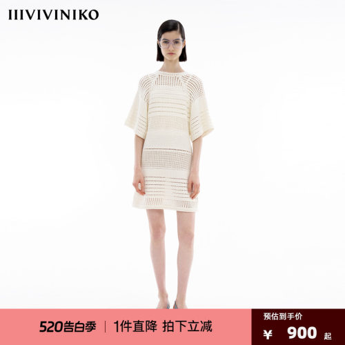 IIIVIVINIKO夏季新款A型插肩袖镂空针织连衣裙女M421110626D