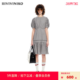 【早春新品】IIIVIVINIKO薇薏蔻圆领泡泡袖压褶收腰小格纹连衣裙