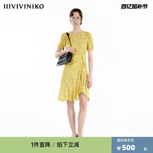 【限定古典花型】IIIVIVINIKO夏季新款抓褶碎花连衣裙子女