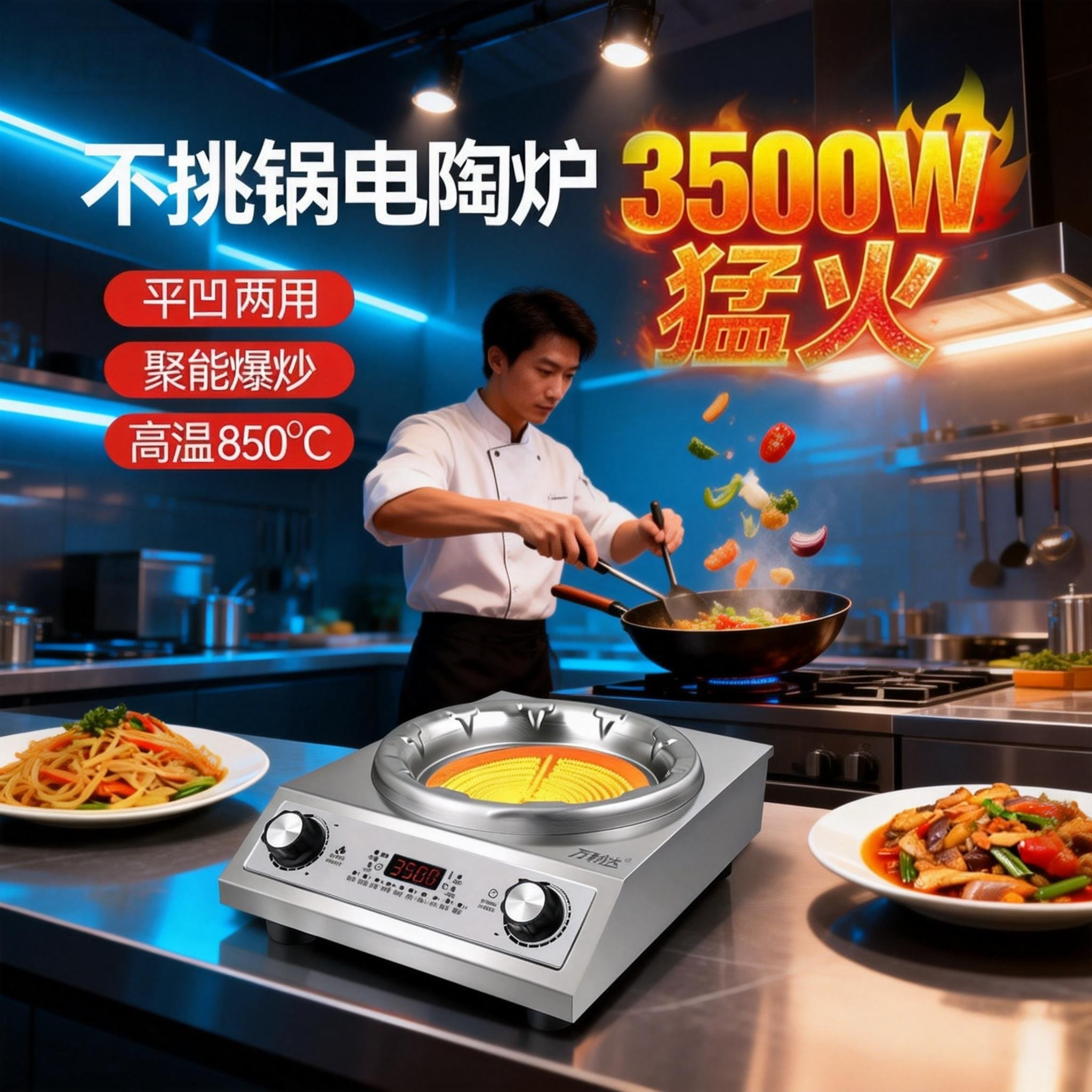 万利达家用新款凹面电陶炉炒菜锅猛火3500W大功率电磁炉智能定时