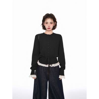 黑色假两K件丝WFF边针织花女外秋UE冬季小个子打底内搭衣短版开襟