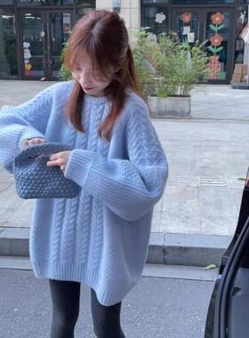 黄色中款花圆衫领衣女秋冬27592慵2麻7592懒长风宽软糯针松织下装