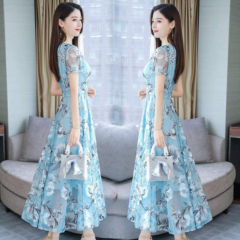 2023新款雪纺印花连衣裙夏V领长款女时尚显瘦洋气韩版大码沙滩裙