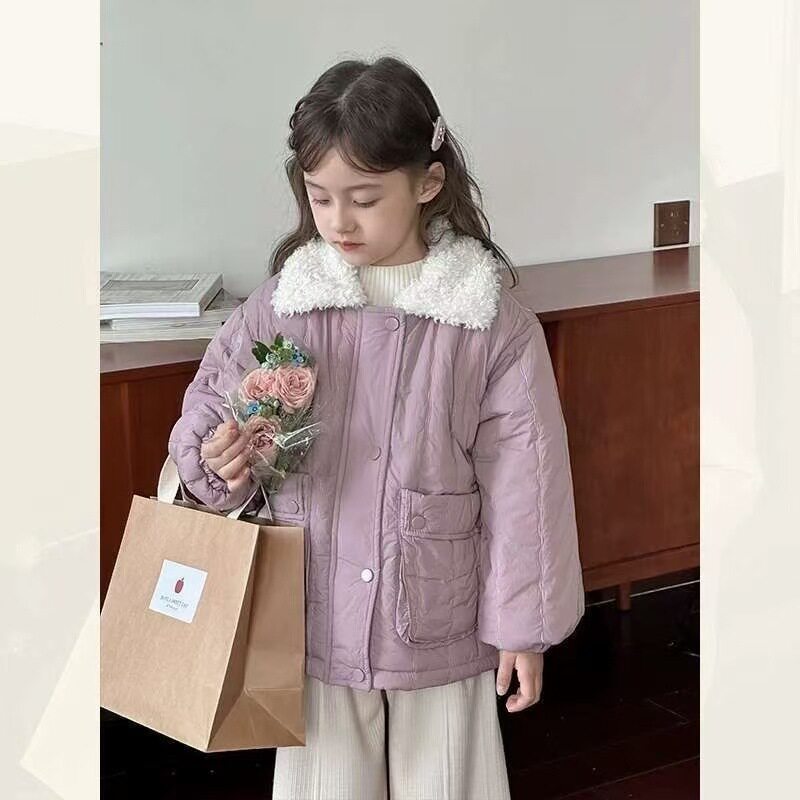 女童棉服2025冬季新款女童韩版加绒加厚仿羊羔毛领中大童洋气