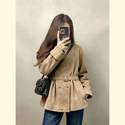 巨好看的冬装美拉德小香风休闲卡其色立领收腰麂皮绒夹克厚外套女