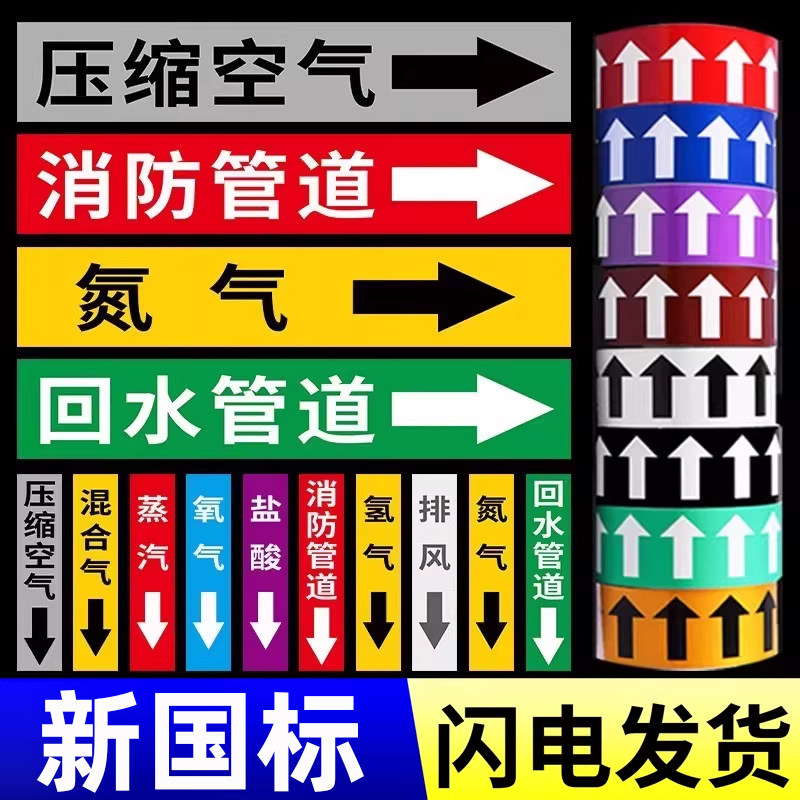 管道标识贴纸新国标工业介质压缩空气天然气体进水回水自来水流向消防喷淋蒸汽箭头指示色环标签警示标牌定做