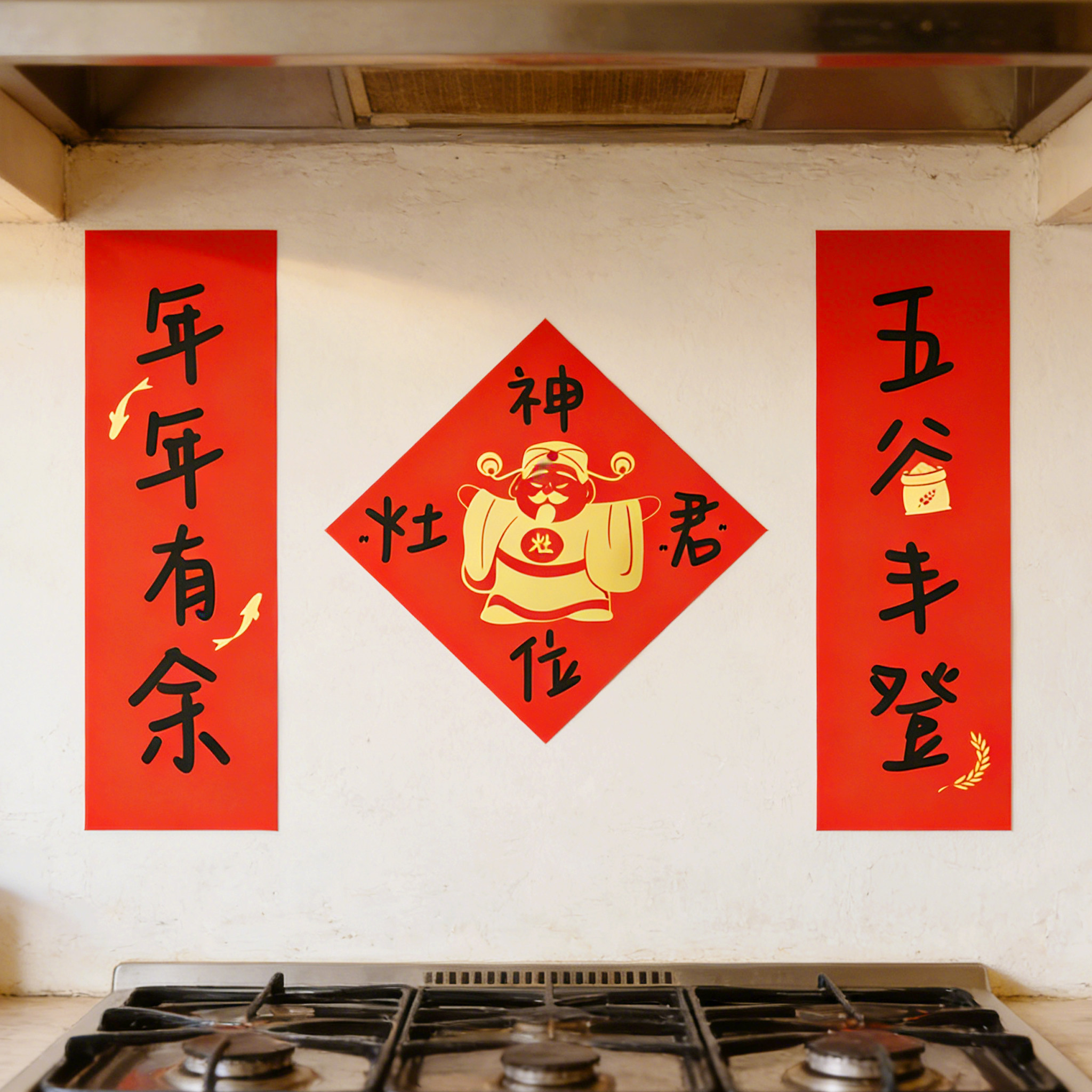 年年有余厨房小对联装饰新年款烫金卡纸门贴毛毡进宅大吉暖居用品