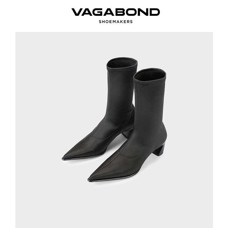 VagabondILONA缎面尖头中跟袜靴图片