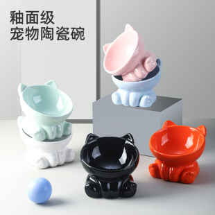 可爱猫碗陶瓷高脚斜口猫盆猫吃饭碗猫食碗黑色水碗猫粮碗小型犬