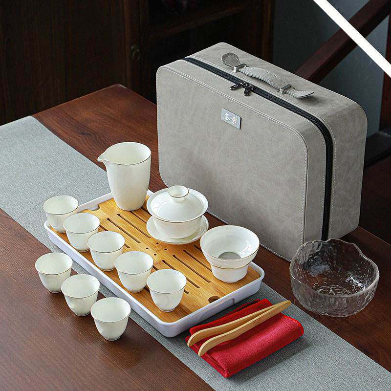 旅行茶具功夫套装家用羊脂玉陶瓷茶杯盖碗户外茶盘便携包定制logo