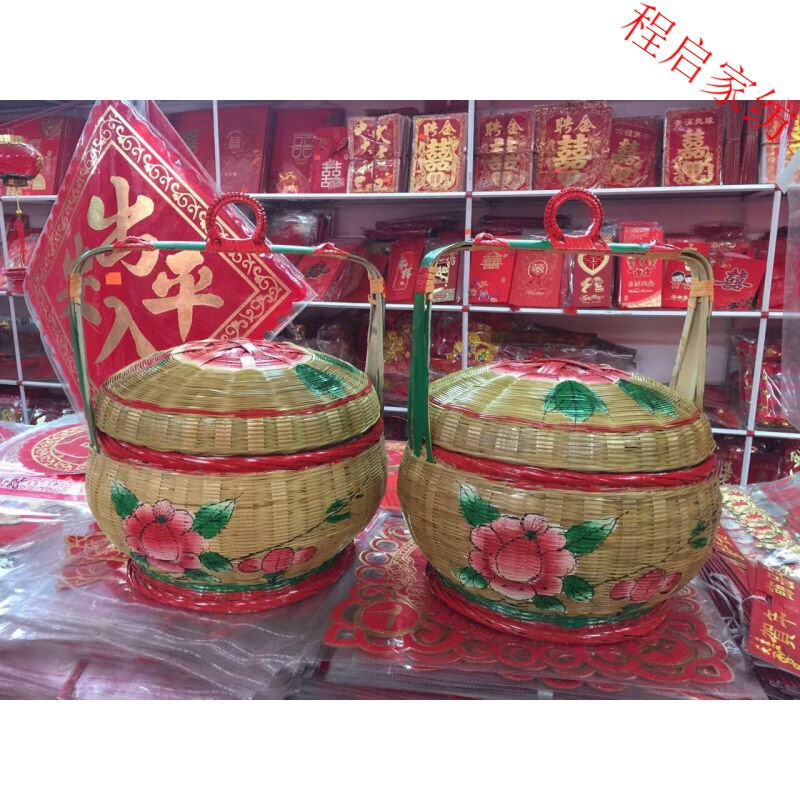 潮汕婚嫁娶结婚喜庆用品竹制品纯手工彩绘花篮潮州竹艺迷你竹篮子