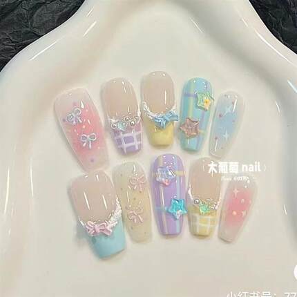 纯手工儿童穿戴甲女童纯手工美甲夏日少女贴片石膏蝴蝶结可爱新款