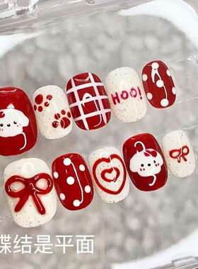 纯手工儿童穿戴甲女童美甲小狗波点红色蝴蝶结新年显白喜庆穿戴甲