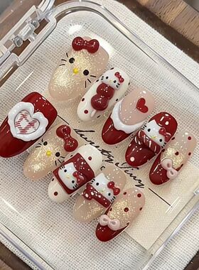 纯手工儿童穿戴甲女童美甲新年节穿戴甲kitt猫可爱红色显白蝴蝶结