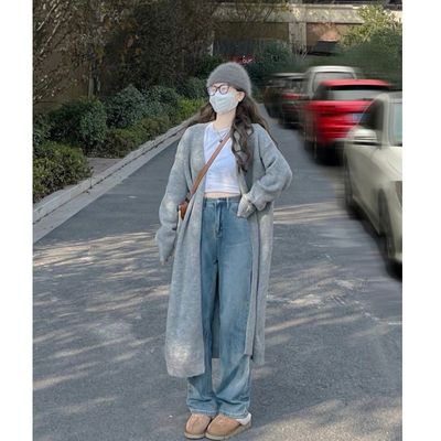 新款灰色中长款毛衣外套