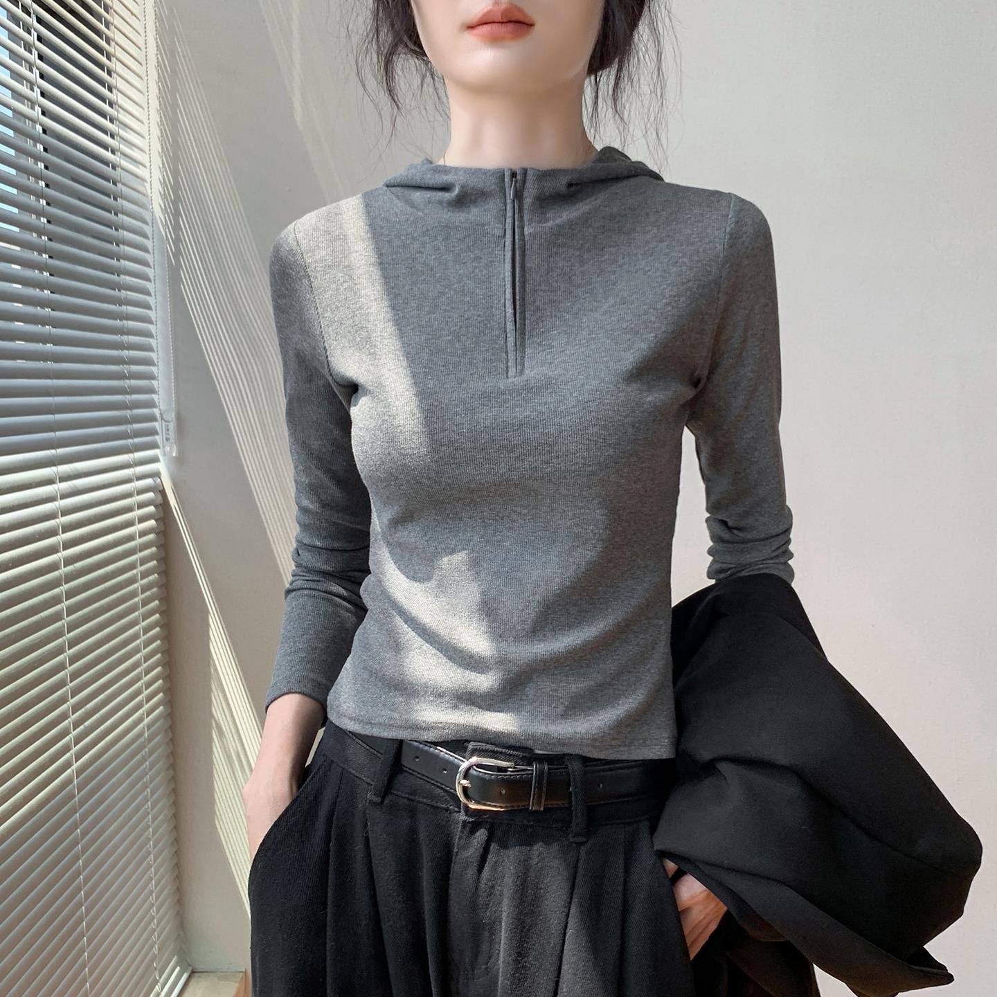 韩版拉链半开领长袖上衣T恤女2025秋新款流行修身连帽卫衣打底衫