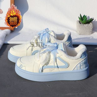 女童加绒板鞋甜美韩版公kt猫2026新款时尚双鞋带软底透气秋二棉鞋