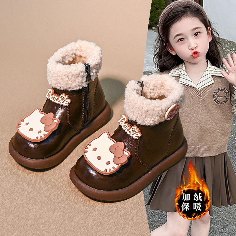女童棉鞋2025年秋冬款皮面防水保暖加绒鞋二棉鞋软底毛毛短靴冬鞋