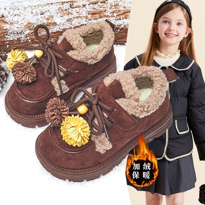女童加厚大棉童鞋2025年冬季新款儿童复古加绒保暖防滑耐磨小皮鞋