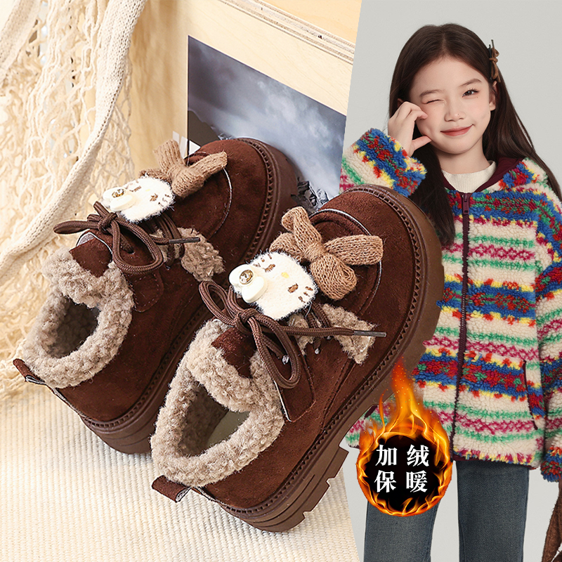 2025年冬款女童复古加绒保暖小皮靴卡通kt小猫洋气百搭棉鞋爆款潮