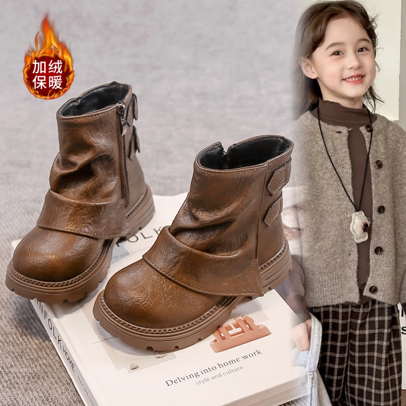 时尚潮酷复古保暖加绒马丁靴2025秋冬新款女童时尚舒适小皮靴防滑