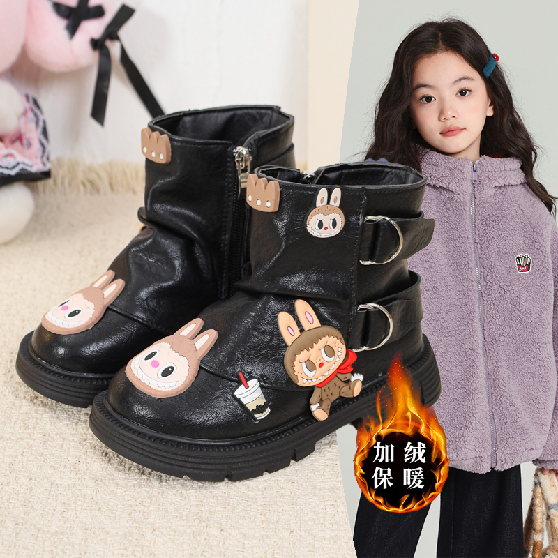 女童卡通labb短靴2025冬季新款儿童时尚洋气百搭皮靴加绒二棉鞋潮