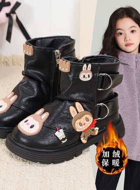 女童卡通labb短靴2026冬季新款儿童时尚洋气百搭皮靴加绒二棉鞋潮