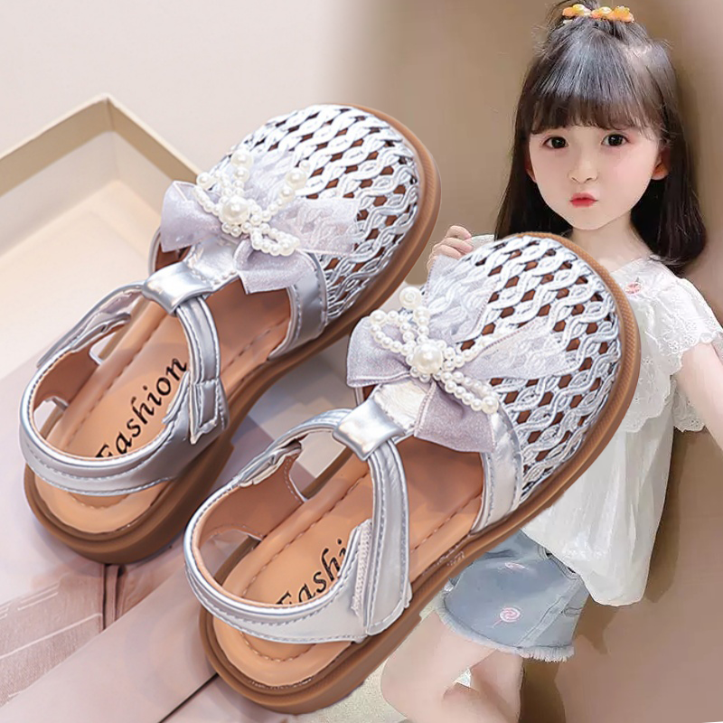 女童凉鞋2025夏季新款儿童公主鞋小女孩蝴蝶结平底鞋编织镂空凉鞋