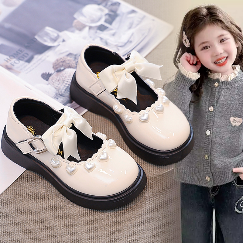 女童可爱爱心蝴蝶结装饰小皮鞋中大童2026春秋新款软底洋气童鞋女