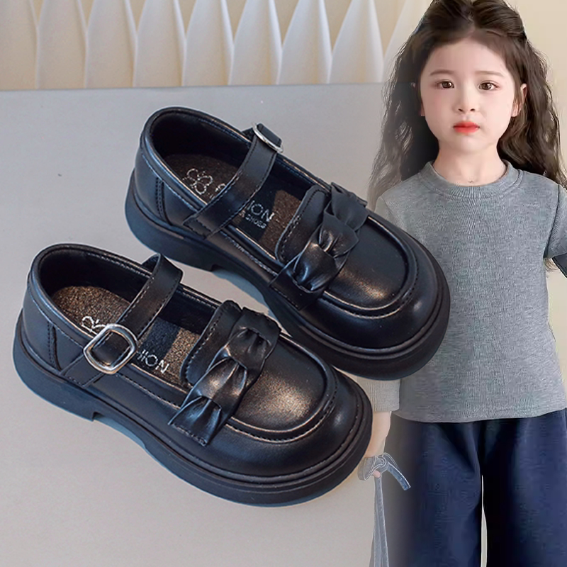 女童宝宝玛丽珍鞋2026春季新款儿童黑白软底魔术贴小童蝴蝶结皮鞋