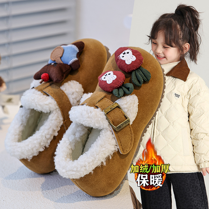 女童2025冬可爱小熊毛绒勃肯鞋女冬季加绒保暖一脚蹬包头棉鞋外穿