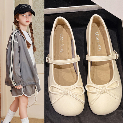 女童法式白色圆头浅口粗跟单鞋女2026新款夏季软底复古玛丽珍皮鞋