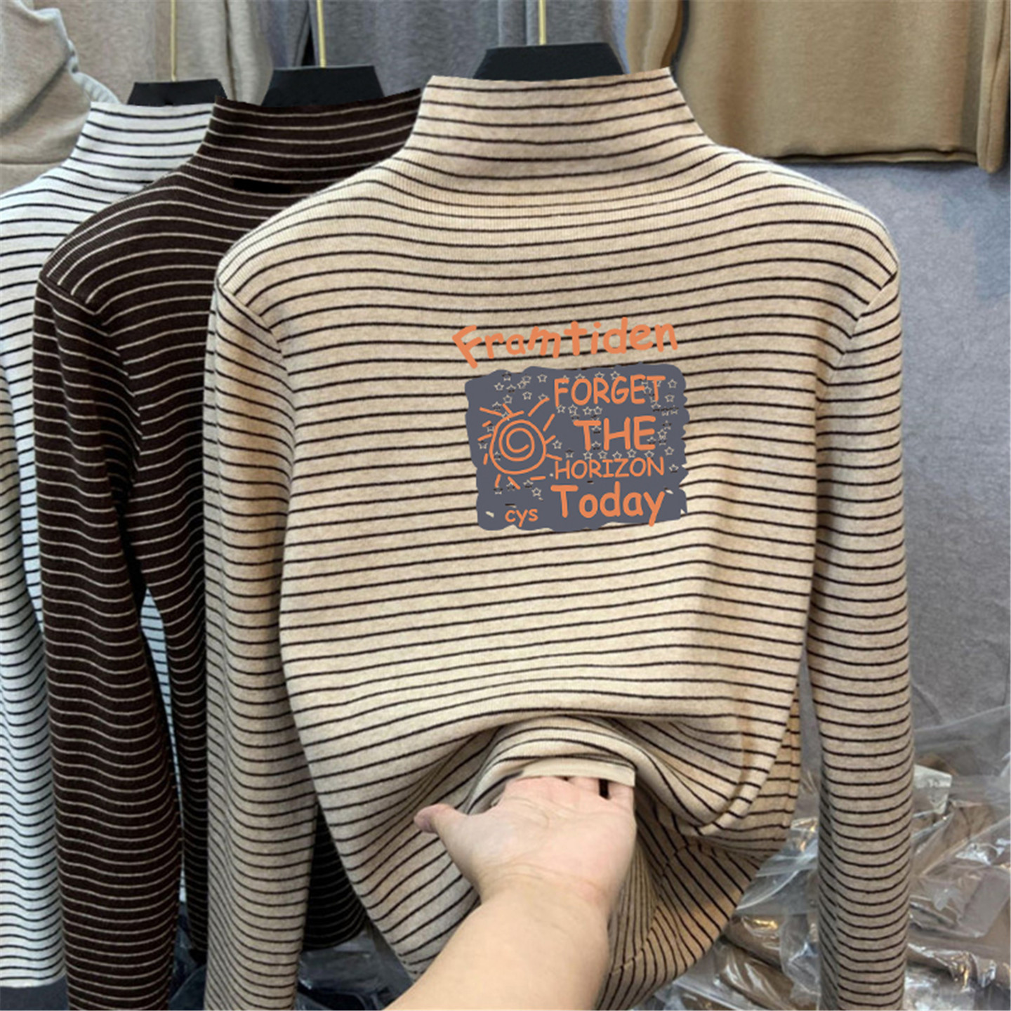 双面德绒条纹半高领长袖t恤保暖