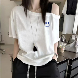 胖MM宽松显瘦露肩上衣服 白色简约斜肩纯棉短袖 t恤女夏季 新款 大码