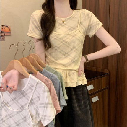 实拍实价 夏季新款韩系减龄百搭芭蕾风甜美荷叶边假两件格子短袖