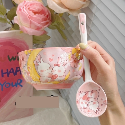 卡通可爱甜美兔兔碗吼吼看可爱卡通高颜值陶瓷碗粉色少女心餐具碗