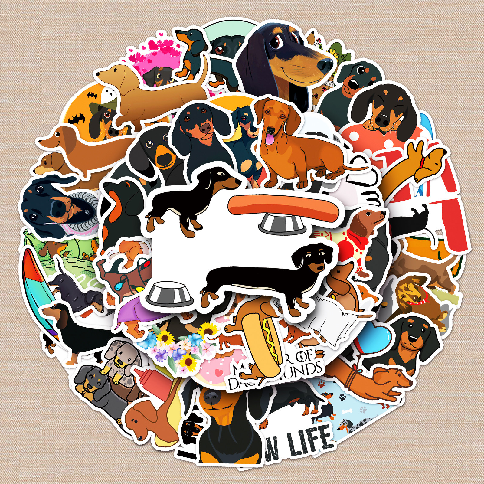 50张腊肠狗贴纸动物小狗防水装饰水杯笔记本卡通可爱创意涂鸦贴画