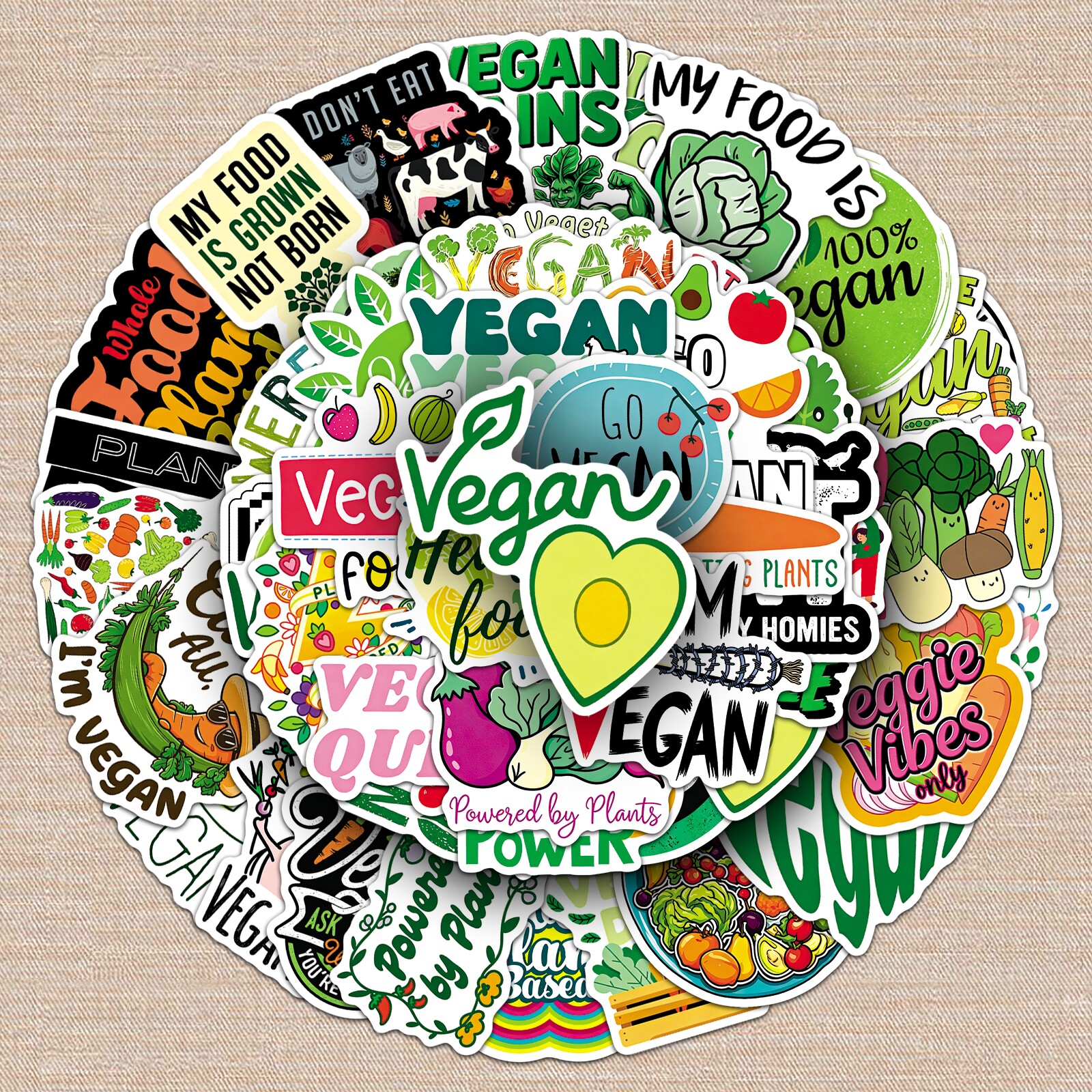 100张清新绿色素食主义贴纸Vegan果蔬卡通行李箱DIY防水装饰贴画