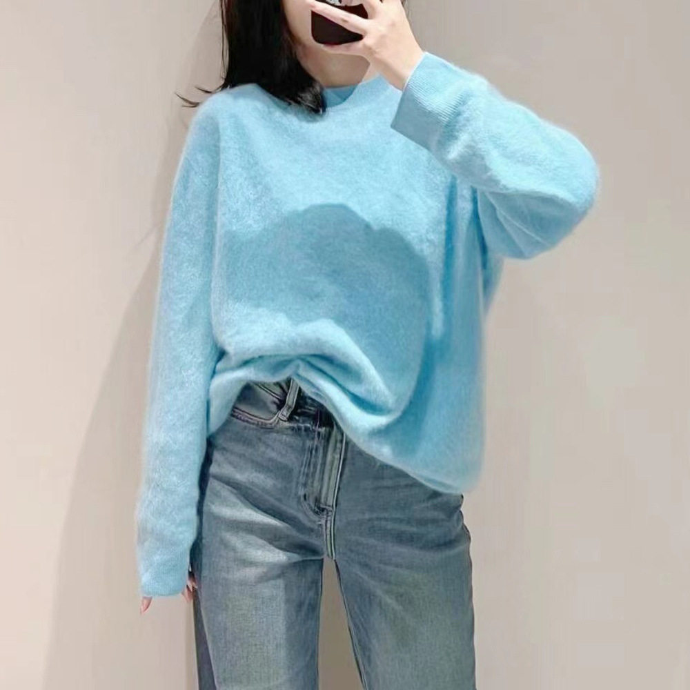2024秋季女装法式慵懒优雅风蓝色系圆领长袖毛衣气质休闲上衣